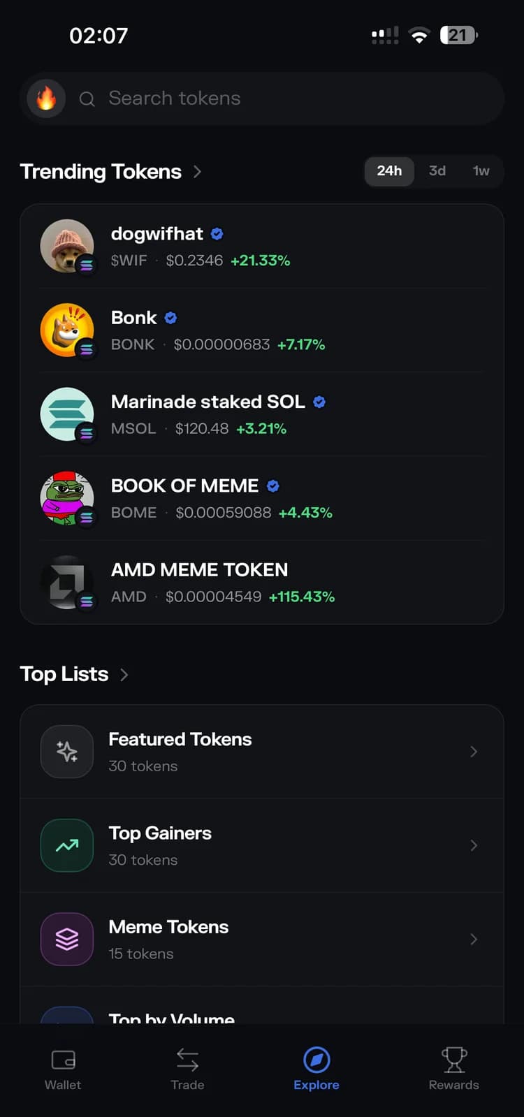 Trending tokens screen
