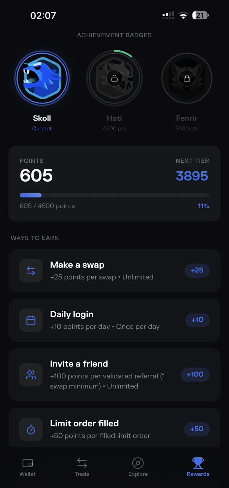Rewards screen with badges