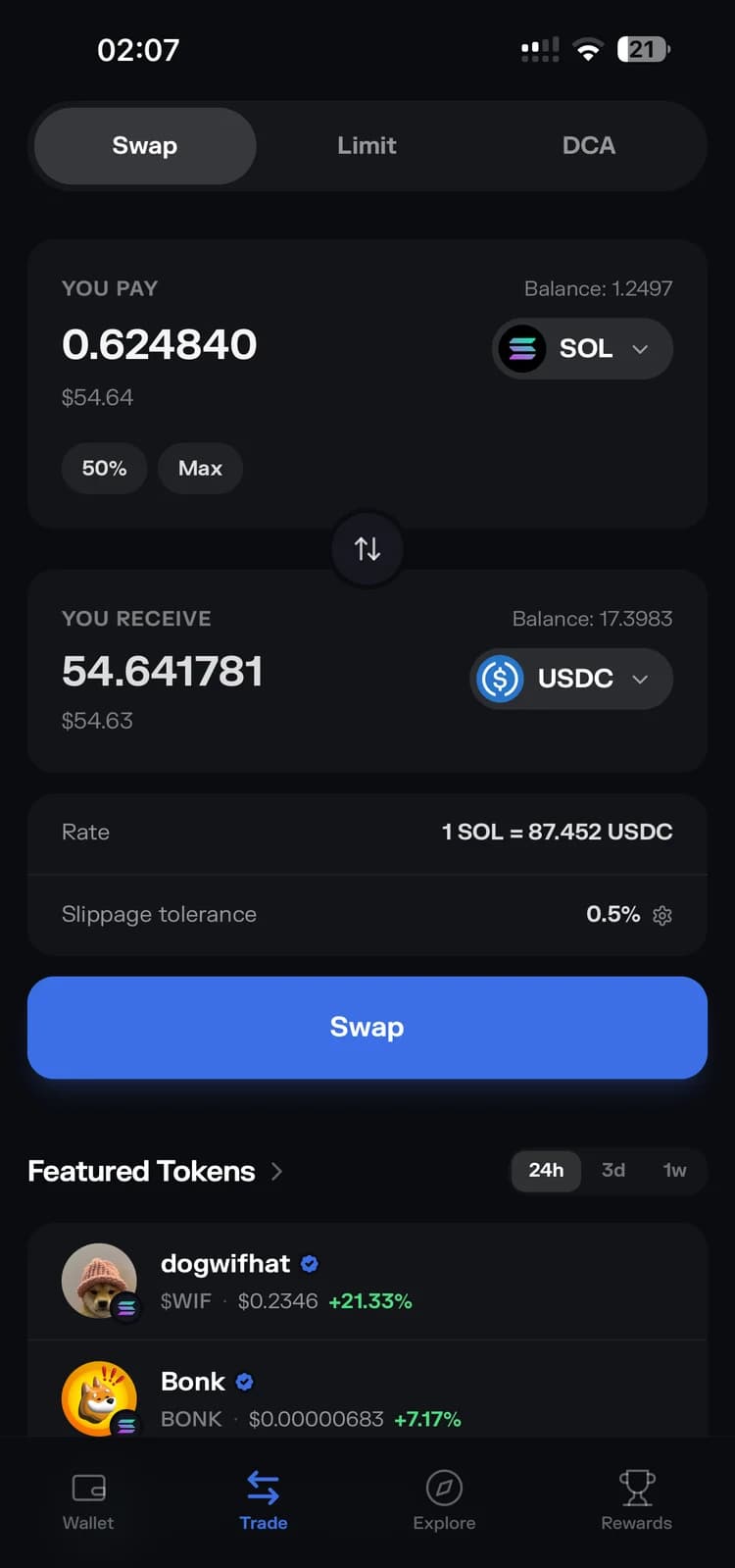 Skoll Wallet swap screen